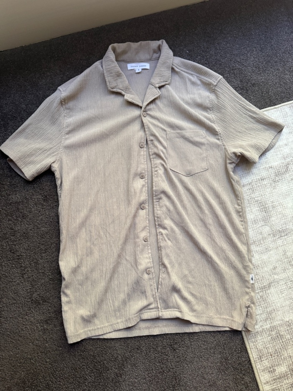Vintage Summer Beige Short Sleeve Button-Up Shirt Camp Collar Men's Size S